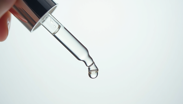 Close-up view of a clear serum dropper dispensing hyaluronic acid serum