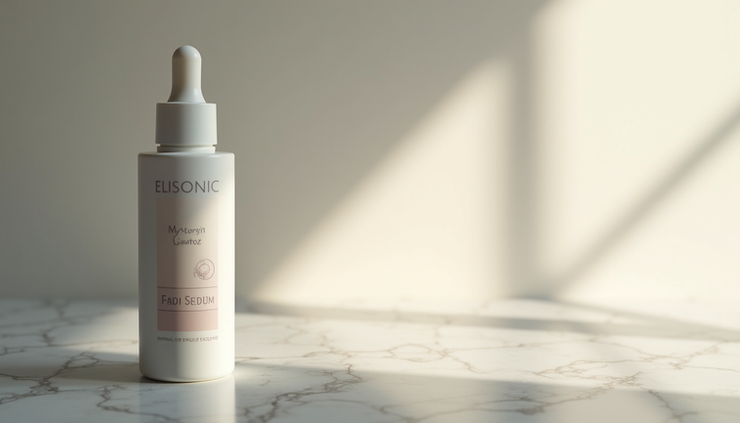 Close-up view of a peptide serum bottle on a marble countertop