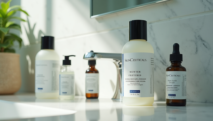 Eye-level view of SkinCeuticals skincare products arranged neatly on a bathroom counter
