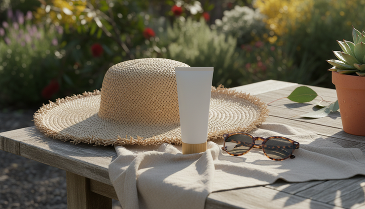 Wide-angle view of sunscreen and a woven hat on a sunny outdoor table