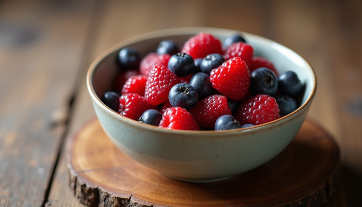 Close-up view of a bowl of mixed berries rich in antioxidants