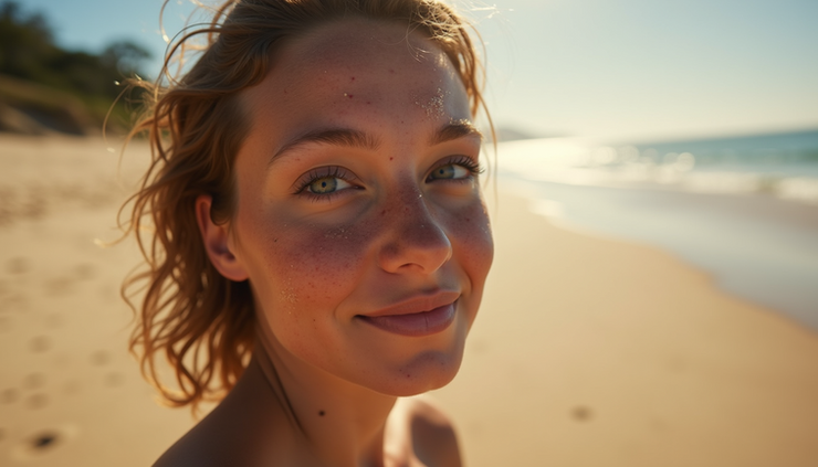 Close-up view of Australian beach sand with sunlit skin showing pigmentation spots