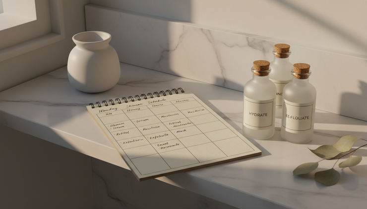 Eye-level view of a weekly skincare plan written beside simple product bottles