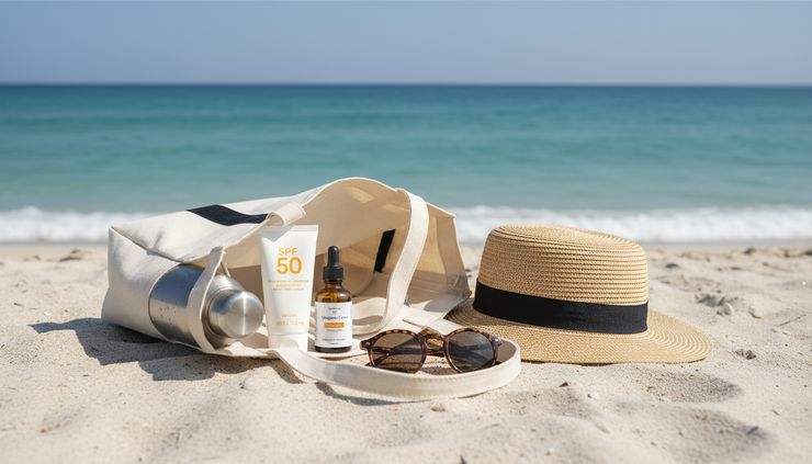 Wide-angle view of a beach bag with sunscreen, a serum bottle, sunglasses, and a water bottle.