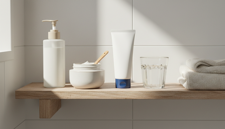 Eye-level view of simple skincare products beside a glass of water and a towel