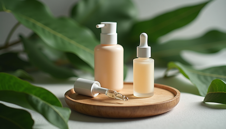 Eye-level view of skincare bottles and a dropper on a wooden tray with green leaves
