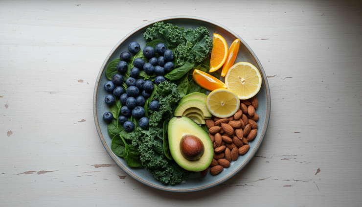 Top-down view of colourful whole foods with berries, leafy greens and nuts on a kitchen bench.