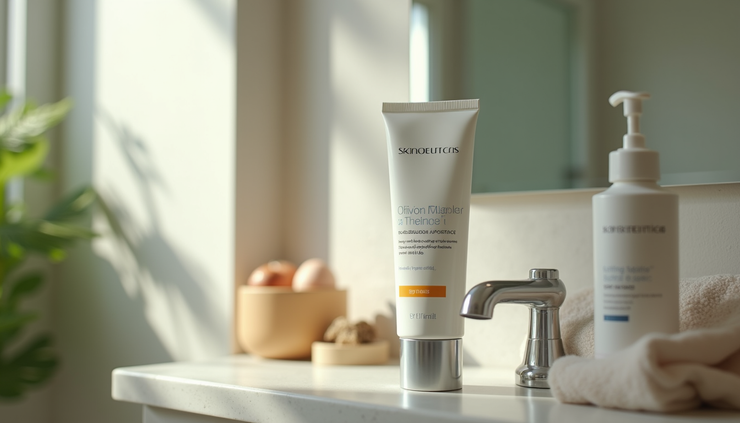 Eye-level view of SkinCeuticals sunscreen tube on a bathroom shelf