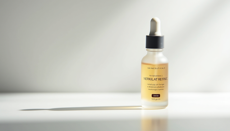 Close-up view of a SkinCeuticals serum bottle on a clean white surface