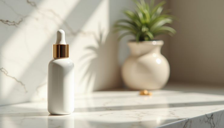 Close-up view of SkinCeuticals H.A. Intensifier bottle on a marble surface