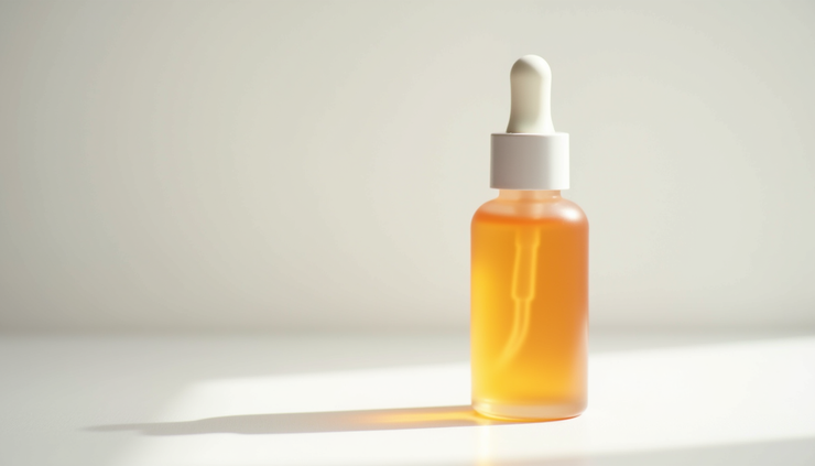 Close-up view of a clear glass bottle of vitamin C serum on a white surface