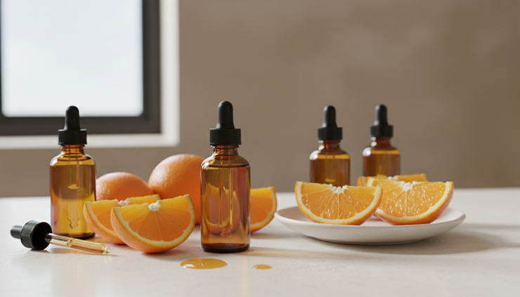 Close-up of amber vitamin C serum bottles beside fresh citrus slices