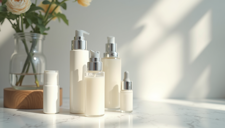 Close-up view of SkinCeuticals skincare bottles arranged on a white marble surface
