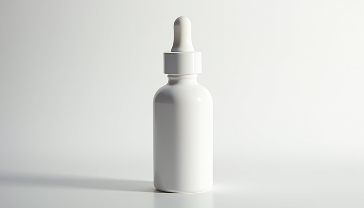 Close-up view of a skincare bottle with a dropper on a white surface