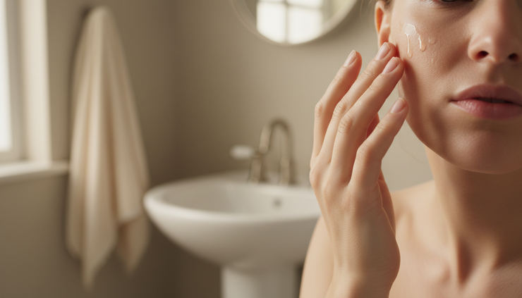 Eye-level view of a person applying serum to the cheek in soft bathroom light