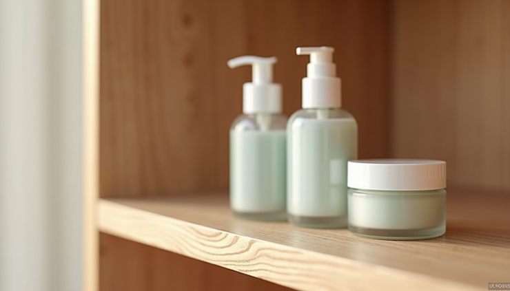 Eye-level view of a simple skincare routine with cleanser, moisturizer, and serum on a wooden shelf