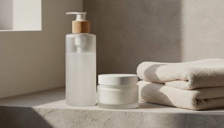 Close-up of a simple cleanser and moisturiser beside a cotton towel