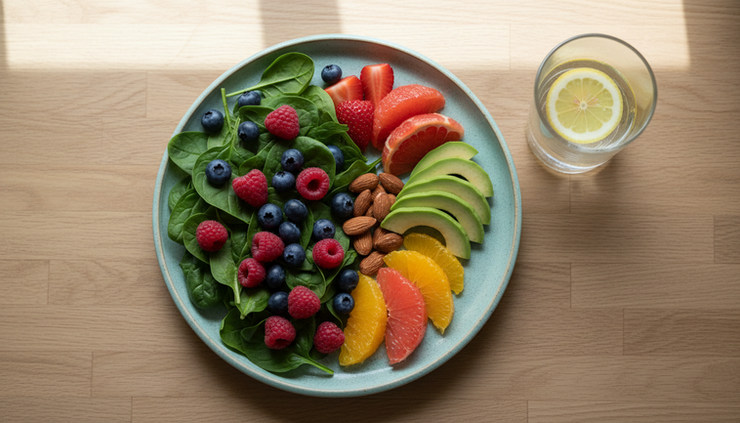Top-down view of colourful fruit, vegetables, nuts, and a glass of water