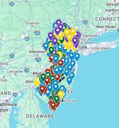 Pins on a map of new jersey sandwich shops and Panini Bistro