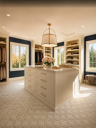 Bright, elegant walk-in closet with custom white cabinetry, navy blue accent walls, and a large central storage island with marble countertop. The space includes open shelving, hanging storage, gold hardware, patterned carpet, and oversized windows bringing in natural light.