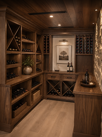 Luxury wine cellar with rich walnut cabinetry, integrated wine storage, and warm ambient lighting. Features include custom bottle racks, stone accent walls, wood plank ceilings, and built-in display shelving with a tasting counter and decorative accessories.