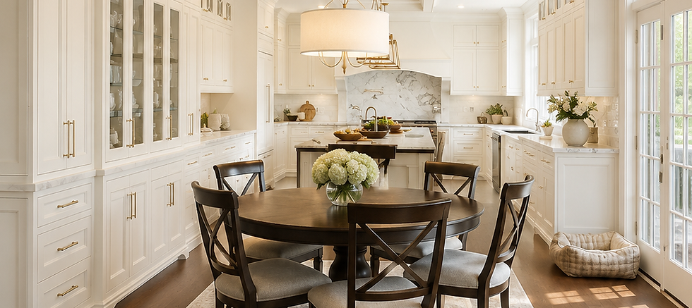 Classic white kitchen and dining area with full-height custom cabinetry, glass display cabinets, and dark wood flooring. Features include a round dining table beneath a large pendant light, marble backsplash, oversized island, and abundant natural light from tall windows and French doors.