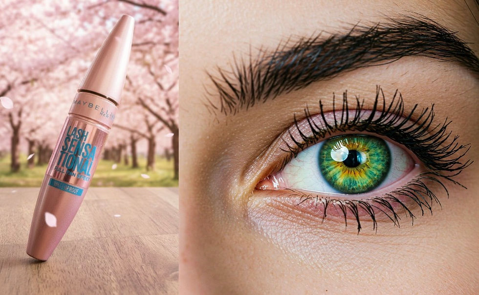 Maybelline's Lash Sensational Waterproof Mascara next to close up of a green eye wearing mascara