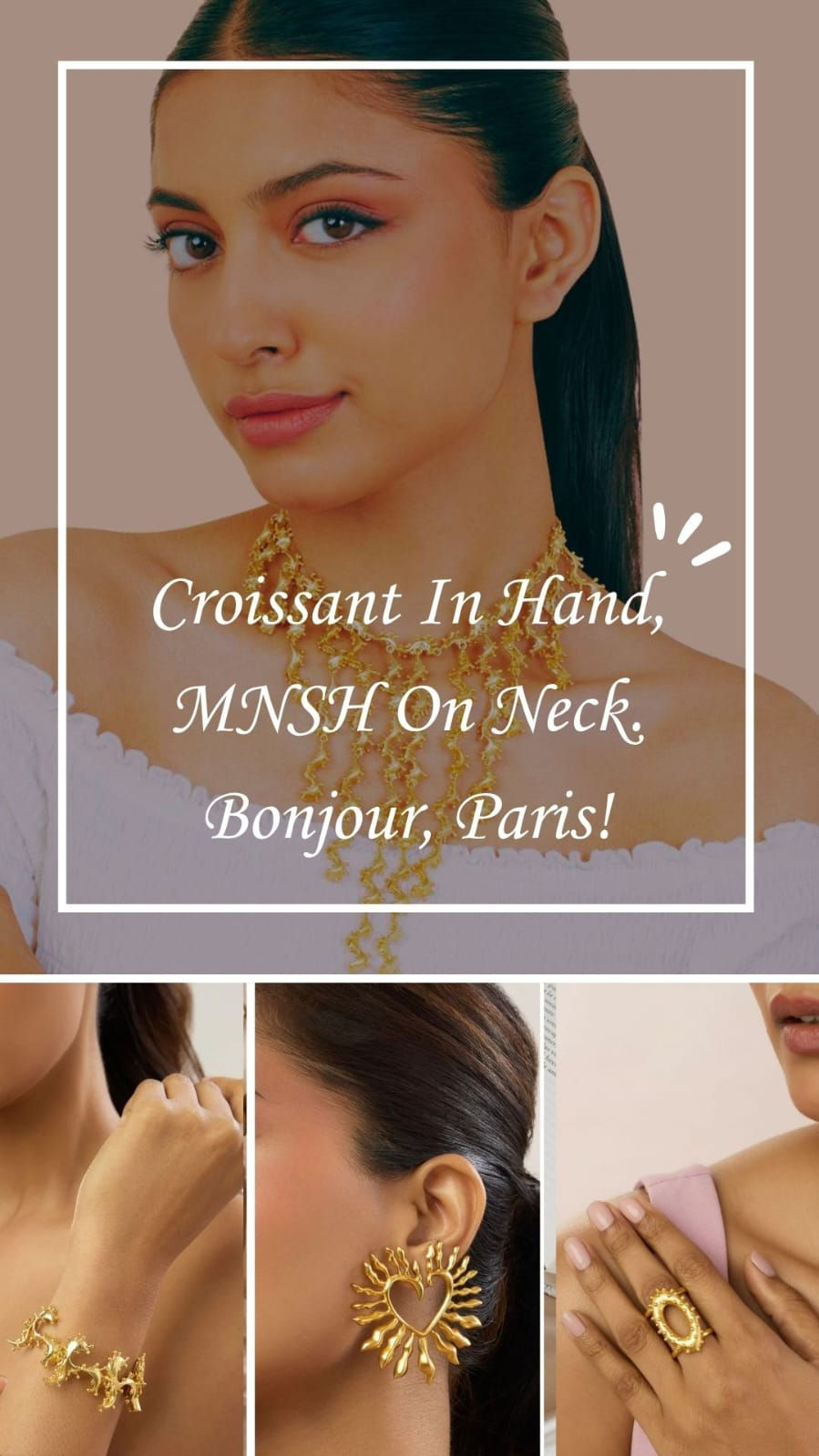 Fashion ad featuring a gold croissant-style necklace and matching earrings from the new Parisian-themed jewellery line.