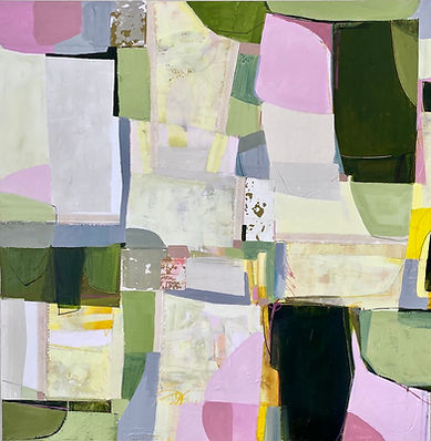 Large fragmented composition in pink, green, and black