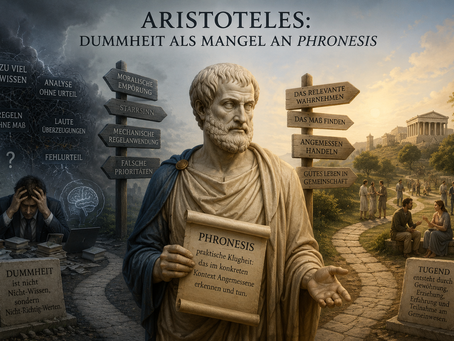 Aristoteles-Statue zwischen dunkler Dummheit und hellem Tugendweg, mit Schildern zu Phronesis, Maß und Wahrnehmen.