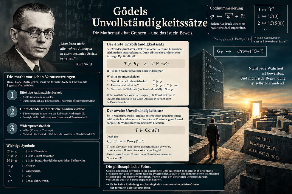 Infografik zu Gödels Unvollständigkeitssätzen mit mathematischen Voraussetzungen, Formeln zur Beweisbarkeit und den Grenzen formaler Systeme.