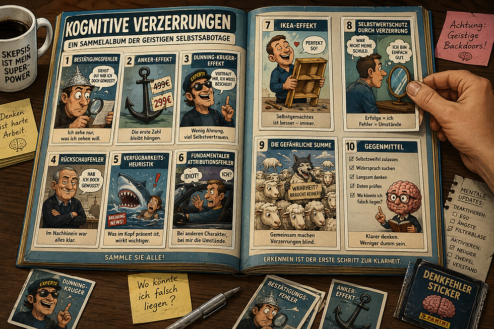 Offenes Buch Kognitive Verzerrungen mit Comic-Karten zu Denkfehlern, Notizzetteln, Kaffee und Hand am Rand.