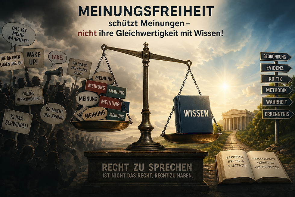 Waage mit Meinungen und Wissen, Menschenmenge mit Schildern links, Tempel im Hintergrund. Schriftzug: "Recht zu sprechen ist nicht das Recht, recht zu haben."