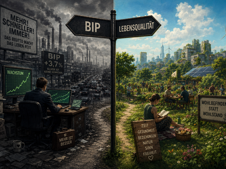 Satirische Darstellung von BIP-Wachstum versus Lebensqualität in moderner Gesellschaft