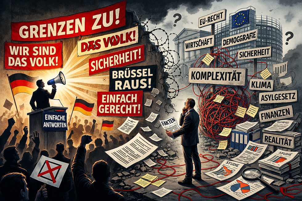 Editorial-Illustration zur politischen Vereinfachung: Eine Seite zeigt lautstarke, vereinfachende Parolen, die andere ein Labyrinth aus Gesetzestexten, Statistiken und Verwaltungsakten – Symbol für den Konflikt zwischen Emotion und Komplexität in der Demokratie.