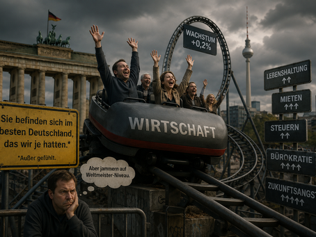 Achterbahn mit lachenden Menschen und Beschriftung Wirtschaft, Brandenburger Tor im Hintergrund. Schilder mit Aufschriften wie Wachstum, Lebenshaltung.