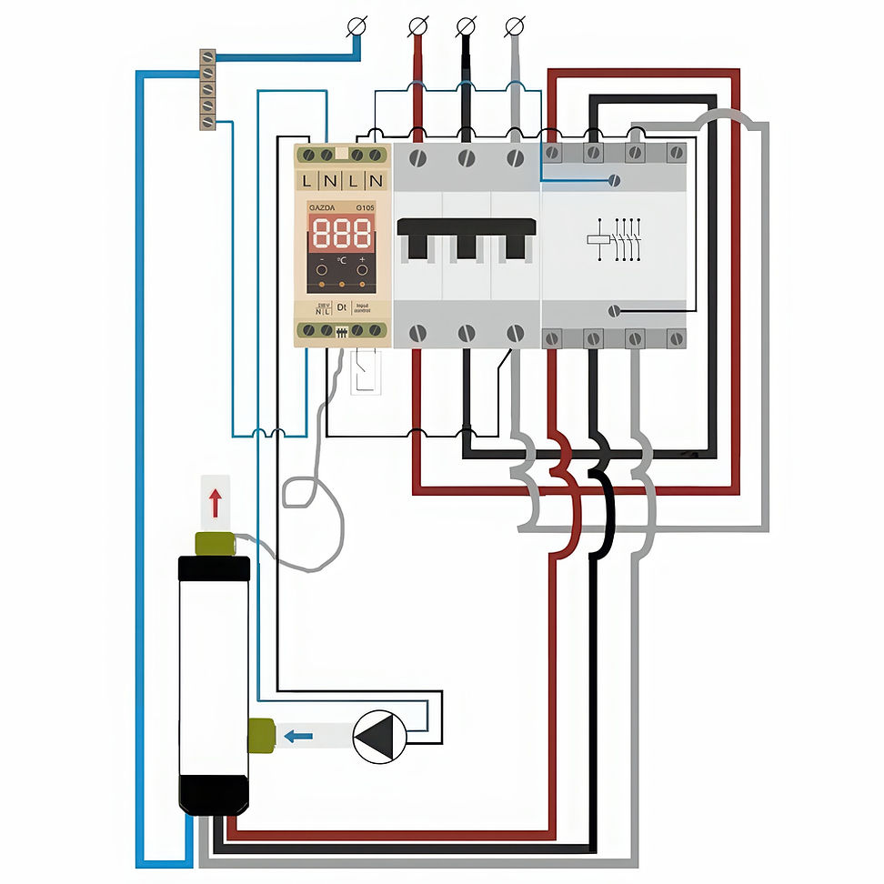 Wiring diagram for a three-phase GAZDA R series electrode boiler with a GAZDA G105 thermostat and a circulation pump