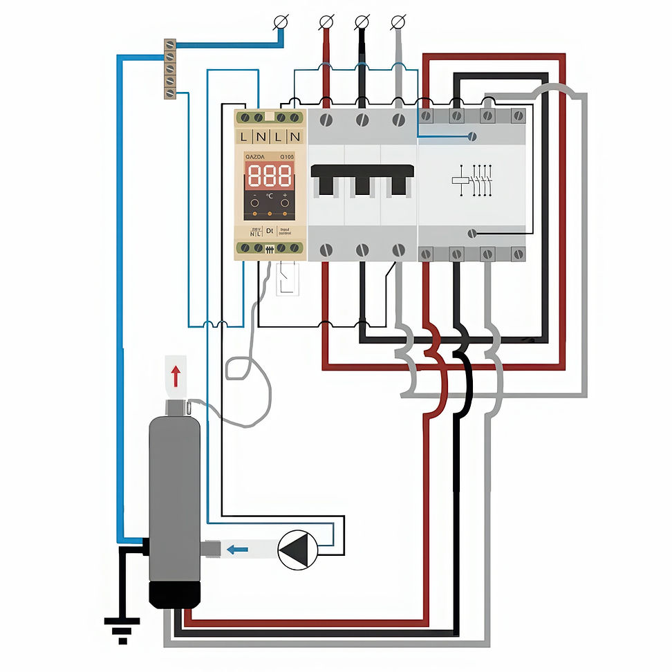 Wiring diagram for a three-phase GAZDA BE series electrode boiler with a GAZDA G105 thermostat and a circulation pump