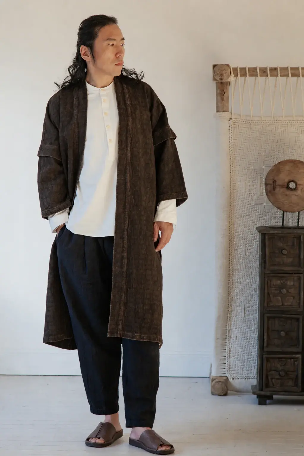 Artisanal Cotton Linen Long Open Front Robe