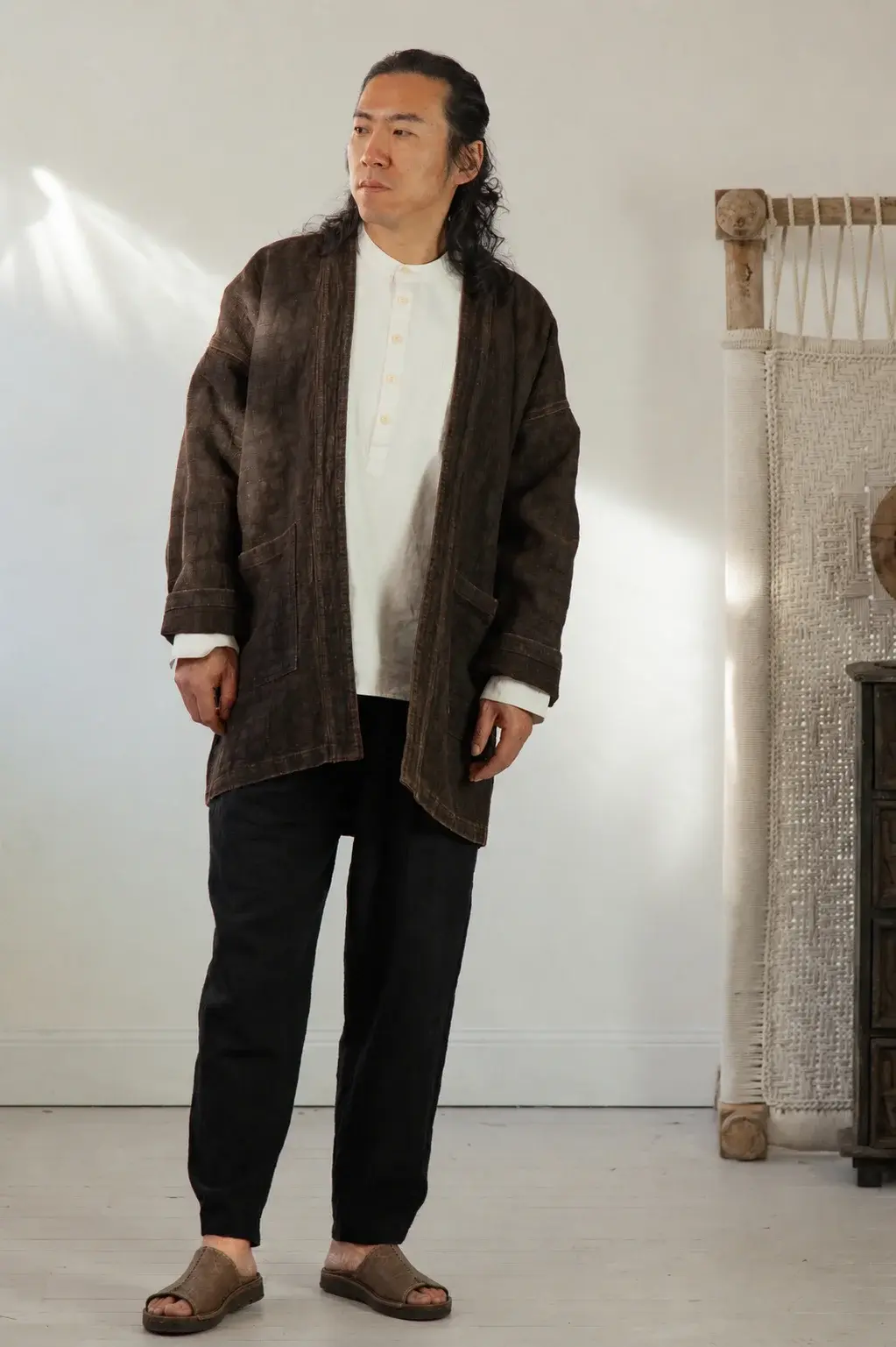 Artisanal Cotton Linen Mid-Length Open Front Overshirt