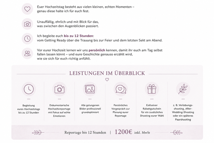 Leistungen und Preise für Hochzeitsfotografie und Hochzeitsreportagen im Westerwald