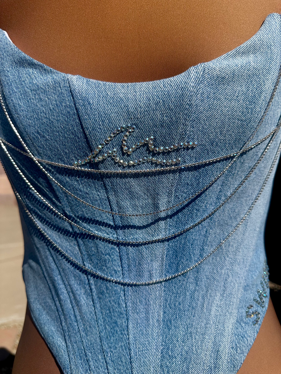 Thumbnail: Blue Denim Overbust Corset For BTS Arirang Concert w/ Silver Drippin stones and Bedazzled Wave on front & SWIM Details
