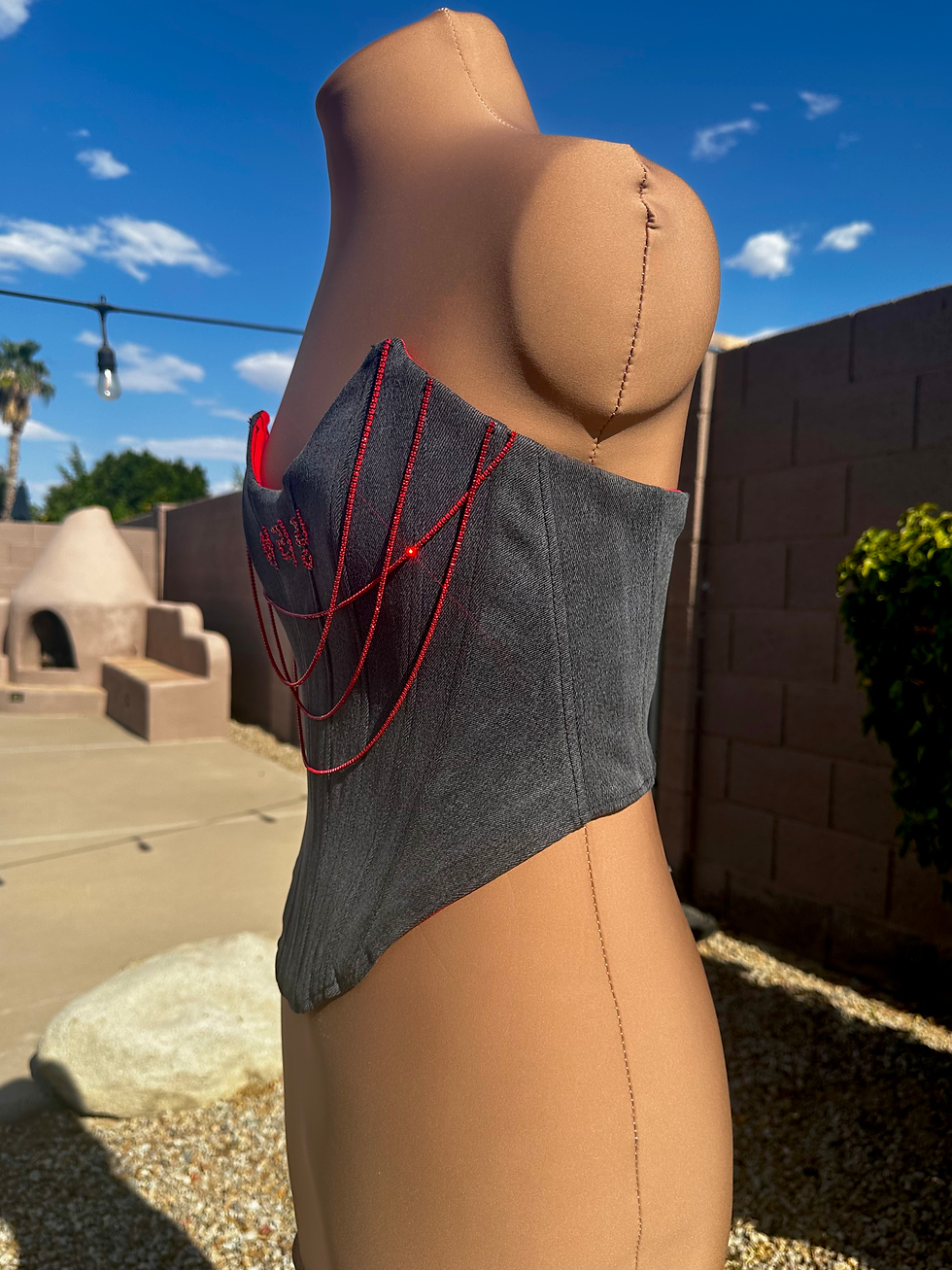 Thumbnail: Black Denim Overbust Corset For BTS Arirang concert with Red Dripping Rhinestones and Bedazzled Arirang on front