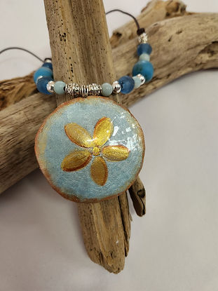 Hand Painted Pendant Sand Dollar Necklace-lt blue/silver
