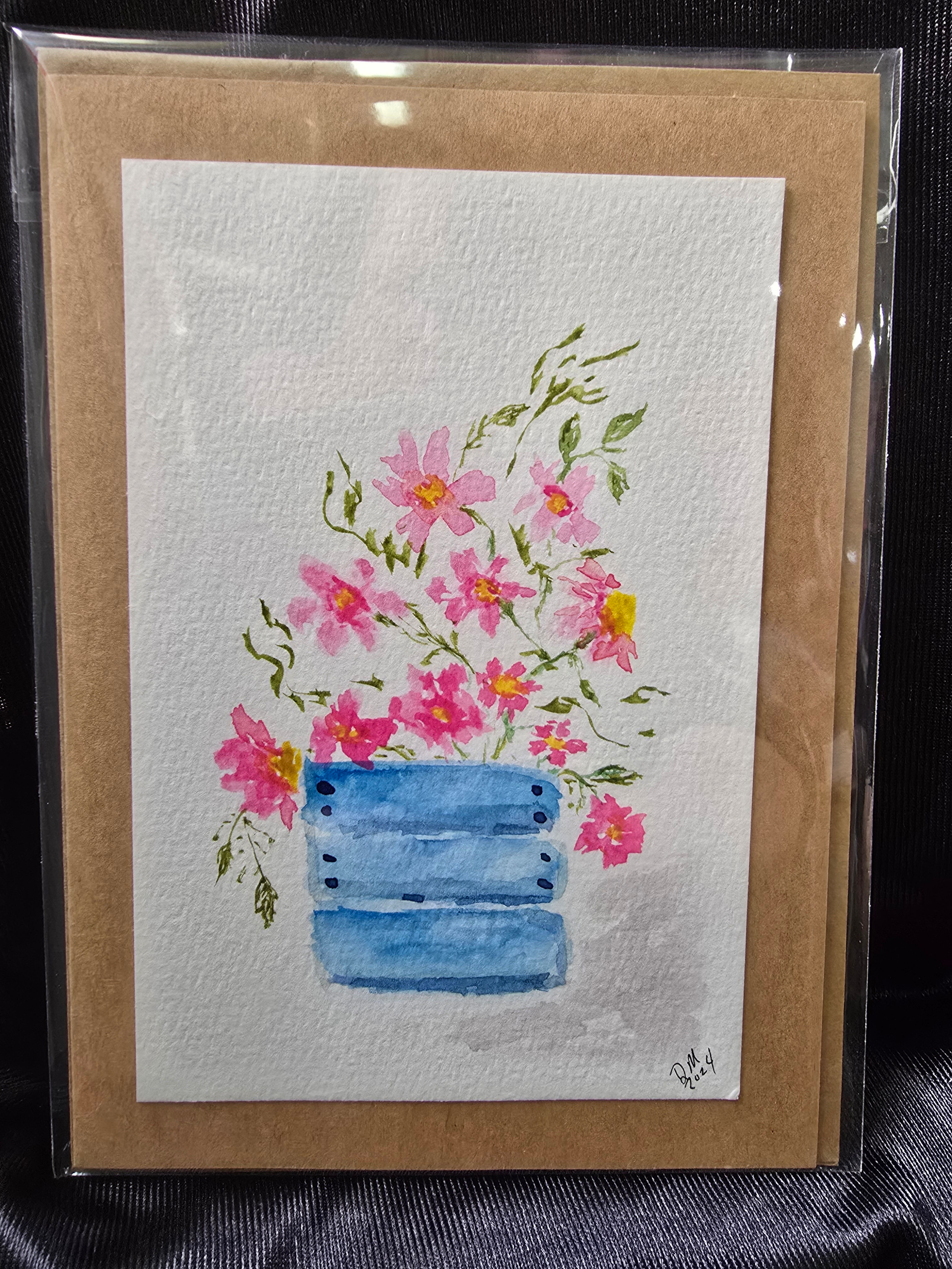 Hand Painted Watercolor Pink Flowers Card