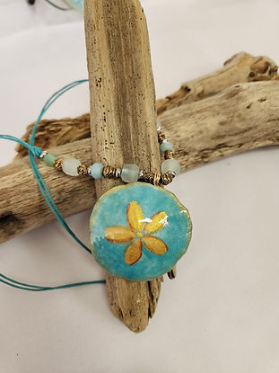 Hand Painted Pendant Sand Dollar Necklace-teal/gold