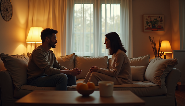 Eye-level view of a cozy living room with two people engaged in conversation