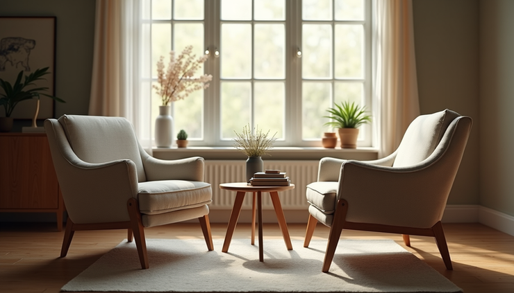 Eye-level view of a cozy living room with two chairs facing each other, symbolizing a conversation between two different personalities