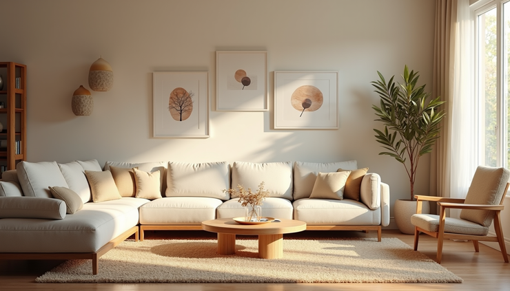 Eye-level view of a cozy living room with soft natural light and artistic decor