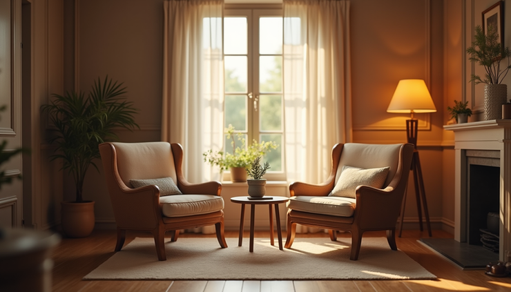 Eye-level view of a cozy living room with two chairs facing each other, symbolizing a warm conversation space